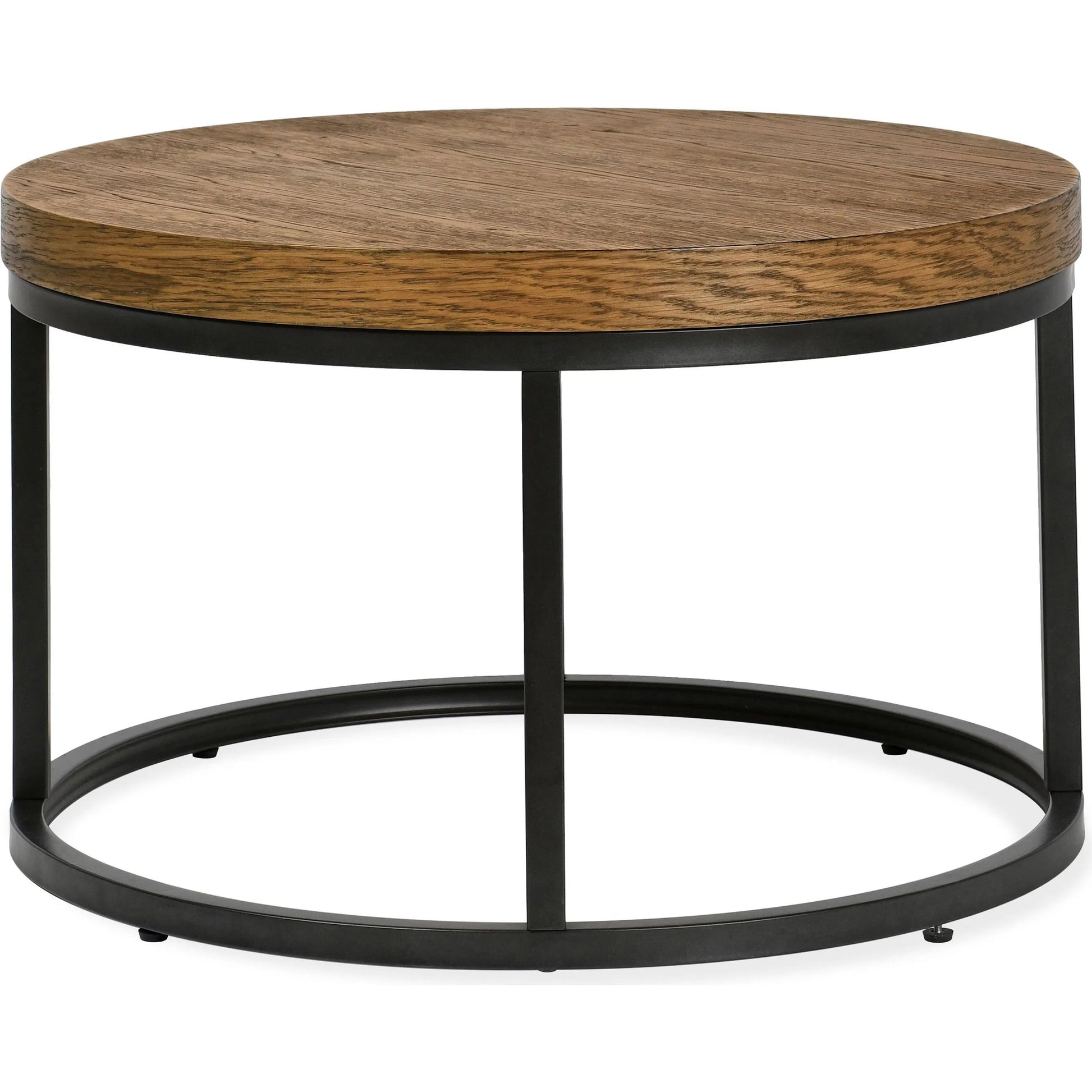 Catta Round Wood Coffee Table by Kosas Home in light brown, black. Made from oak veneer, iron in a unique style.