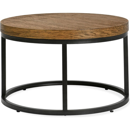 Catta Round Wood Coffee Table by Kosas Home in light brown, black. Made from oak veneer, iron in a unique style.