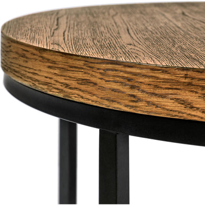 Catta Round Wood Coffee Table by Kosas Home in light brown, black. Made from oak veneer, iron in a unique style.
