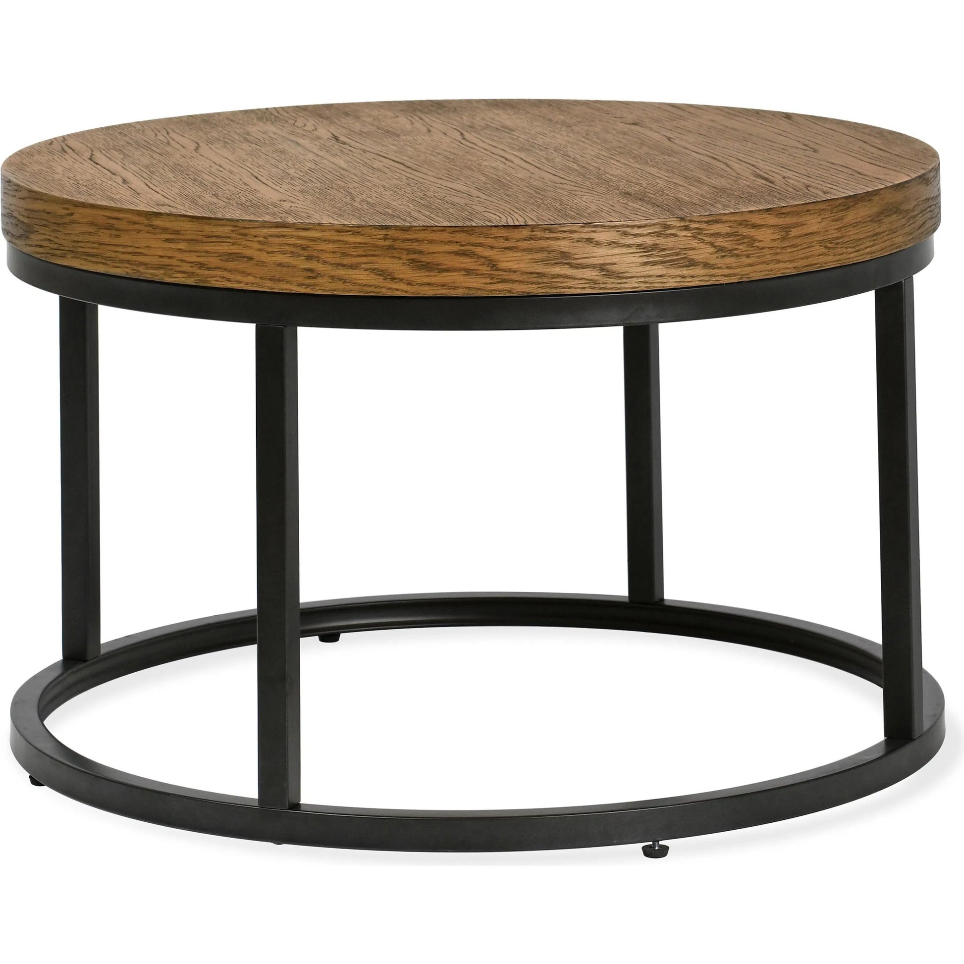 Catta Round Wood Coffee Table by Kosas Home in light brown, black. Made from oak veneer, iron in a unique style.
