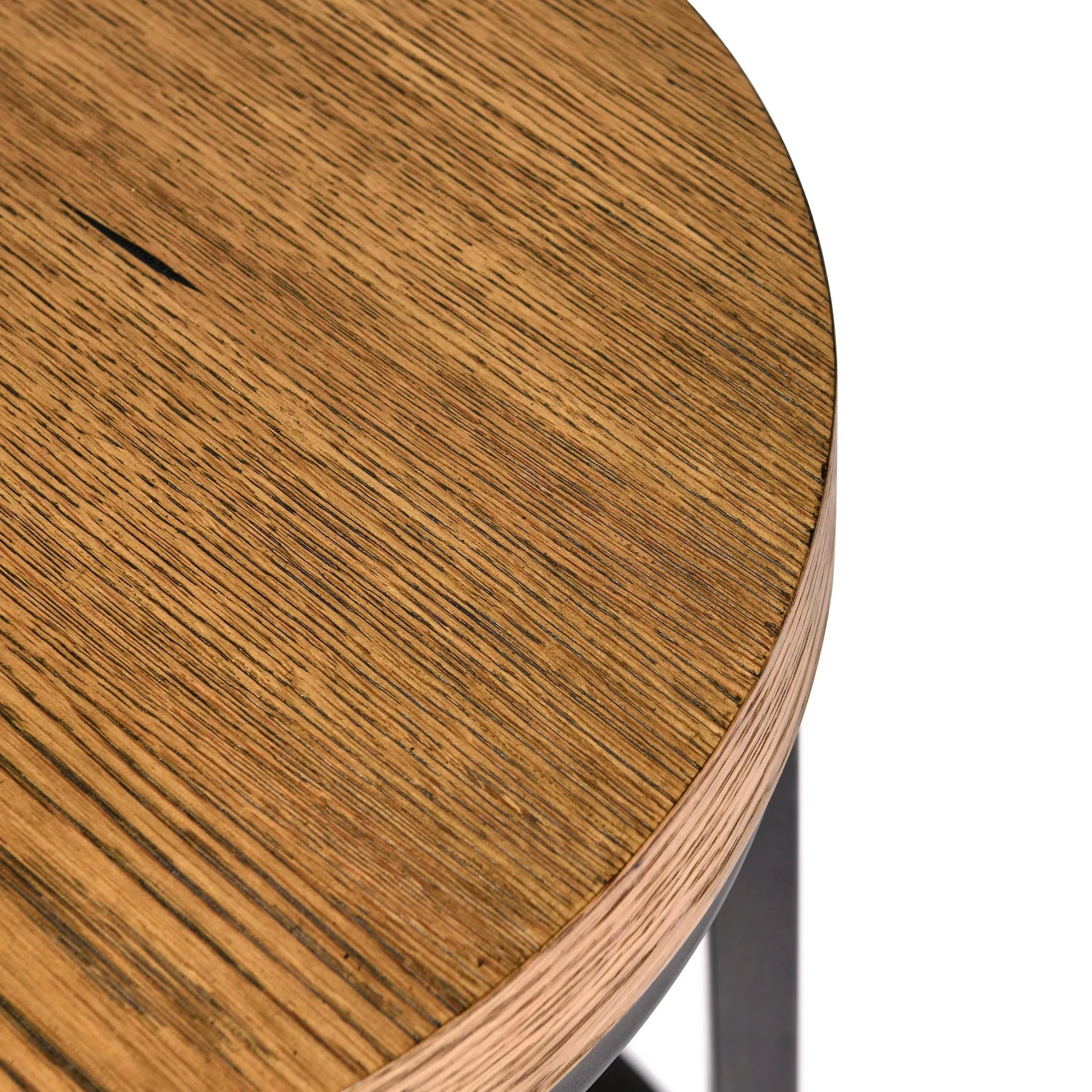 Catta Round Wood End Table by Kosas Home in light brown, black. Made from oak veneer, iron in a unique style.