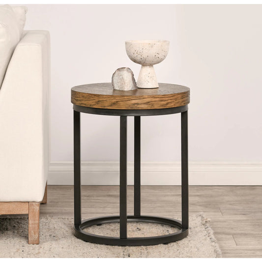 Catta Round Wood End Table by Kosas Home in light brown, black. Made from oak veneer, iron in a unique style.