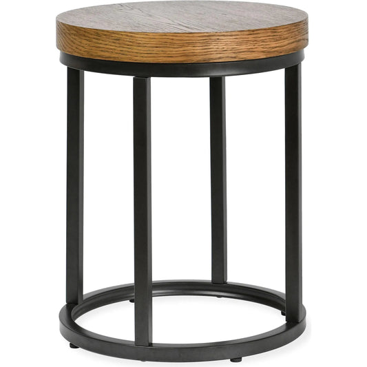 Catta Round Wood End Table by Kosas Home in light brown, black. Made from oak veneer, iron in a unique style.