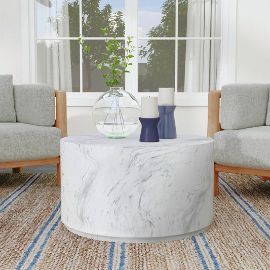 Arlette Outdoor Round Coffee Table by Classic Home in white. Made from glass fiber reinforced concrete in a modern style.