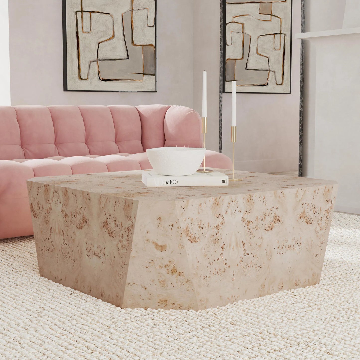 005 SI-2237258 | Lifestyle | Avena 42" Burl Wood Square Coffee Table by Classic Home in natural. Made from unique in a transitional style.