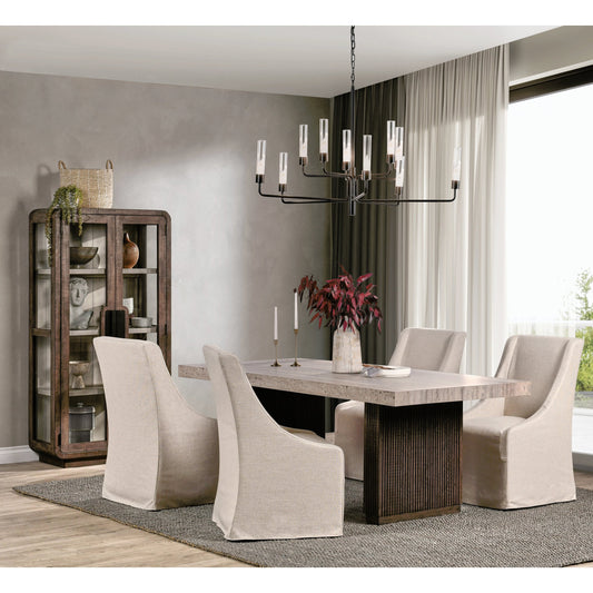 Ollie Travertine Laminate Dining Table by Kosas Home in brown, tan. Made from reclaimed pine, travertine laminate in a modern style.