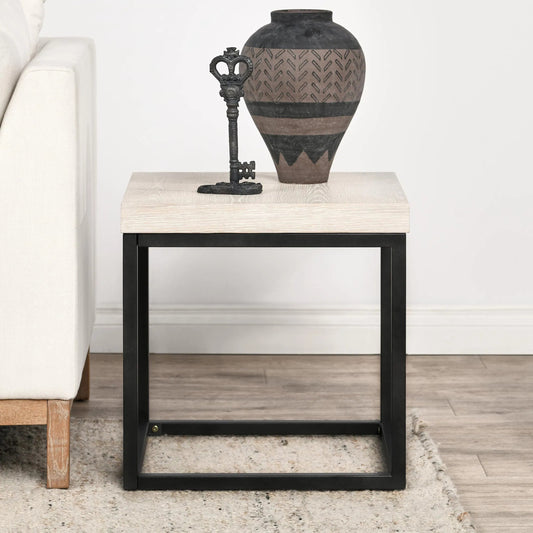 Catta Square Wood End Table by Kosas Home in white, silver. Made from oak veneer, iron in a unique style.