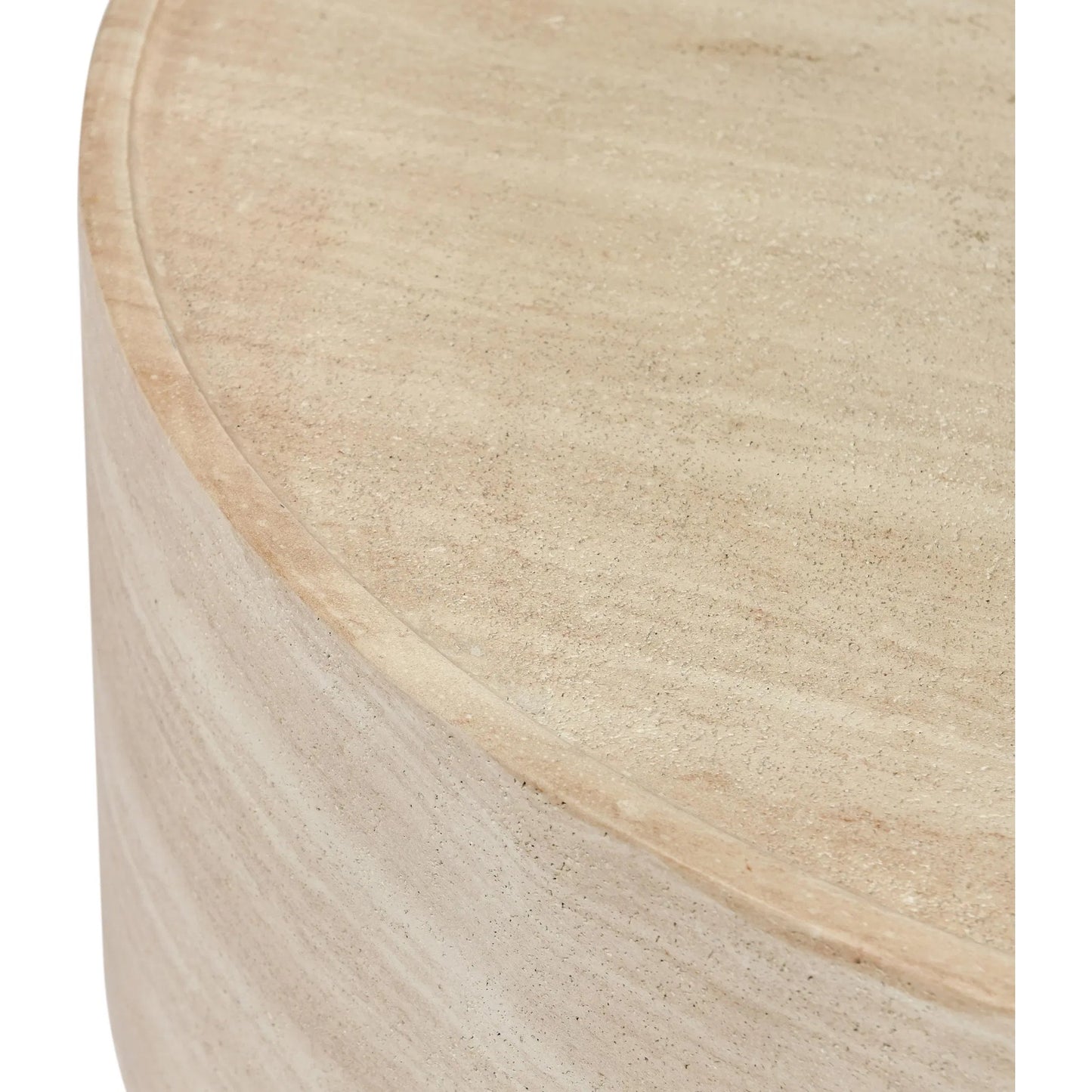 003 SI-2238829 | Closeup | McKenna Round Stone Outdoor Coffee Table by Classic Home in beige. Made from glass fiber reinforced concrete in a transitional style.