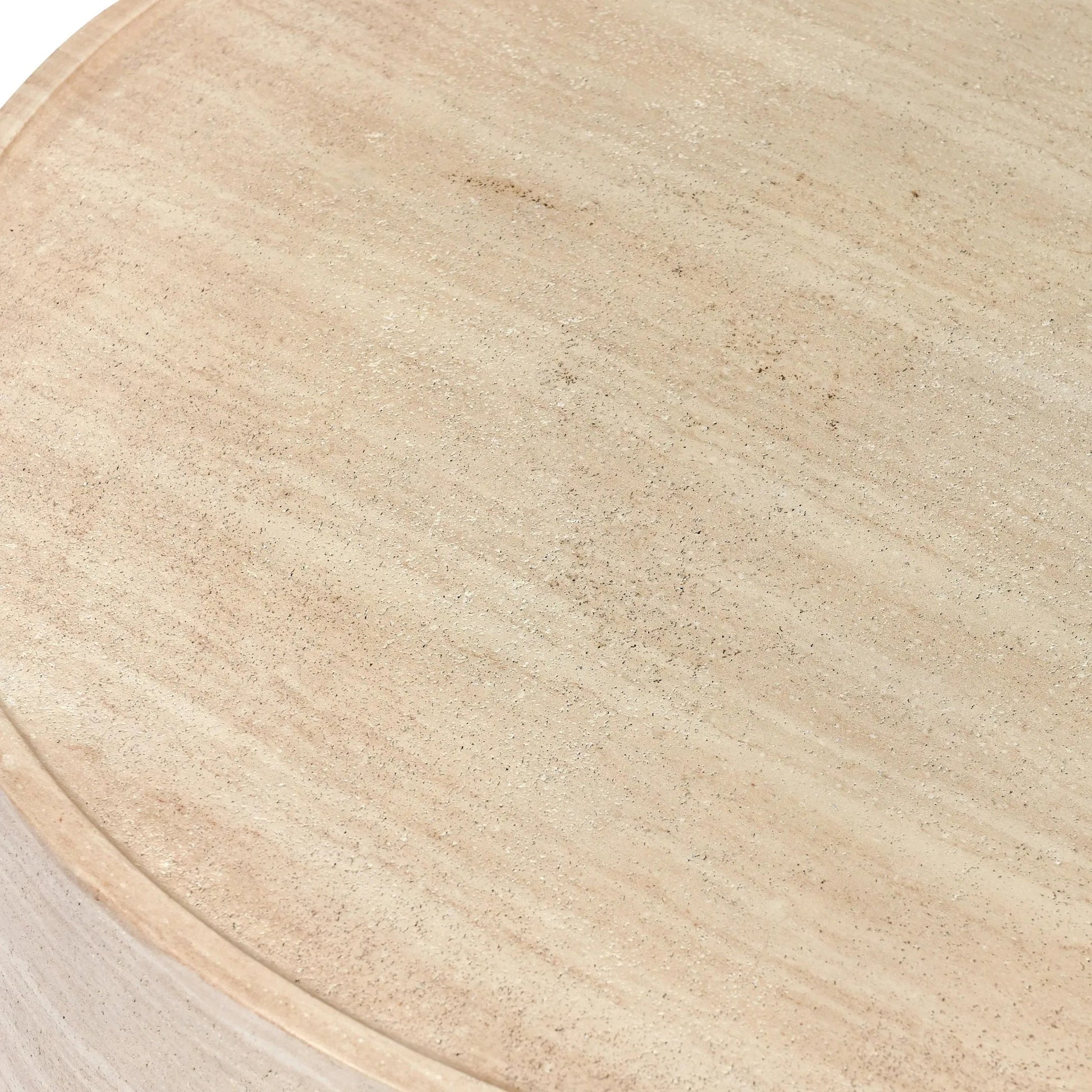 McKenna Round Stone Outdoor Coffee Table by Classic Home in beige. Made from glass fiber reinforced concrete in a unique style.
