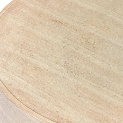 McKenna Round Stone Outdoor Coffee Table by Classic Home in beige. Made from glass fiber reinforced concrete in a unique style.