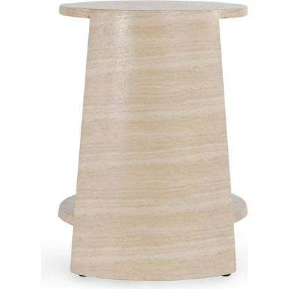 Rosen Outdoor Round Stone End Table by Classic Home in beige. Made from glass fiber reinforced concrete stone in a transitional style.