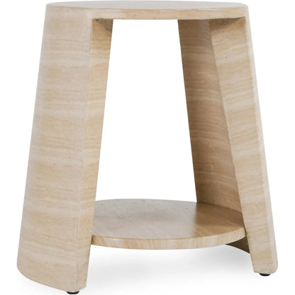 Rosen Outdoor Round Stone End Table by Classic Home in beige. Made from glass fiber reinforced concrete stone in a transitional style.