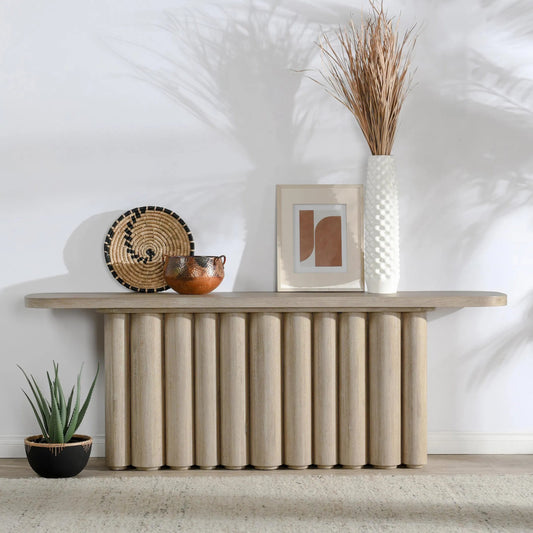Tiber Console Table by Classic Home in white washed. Made from oak wood in a transitional style.