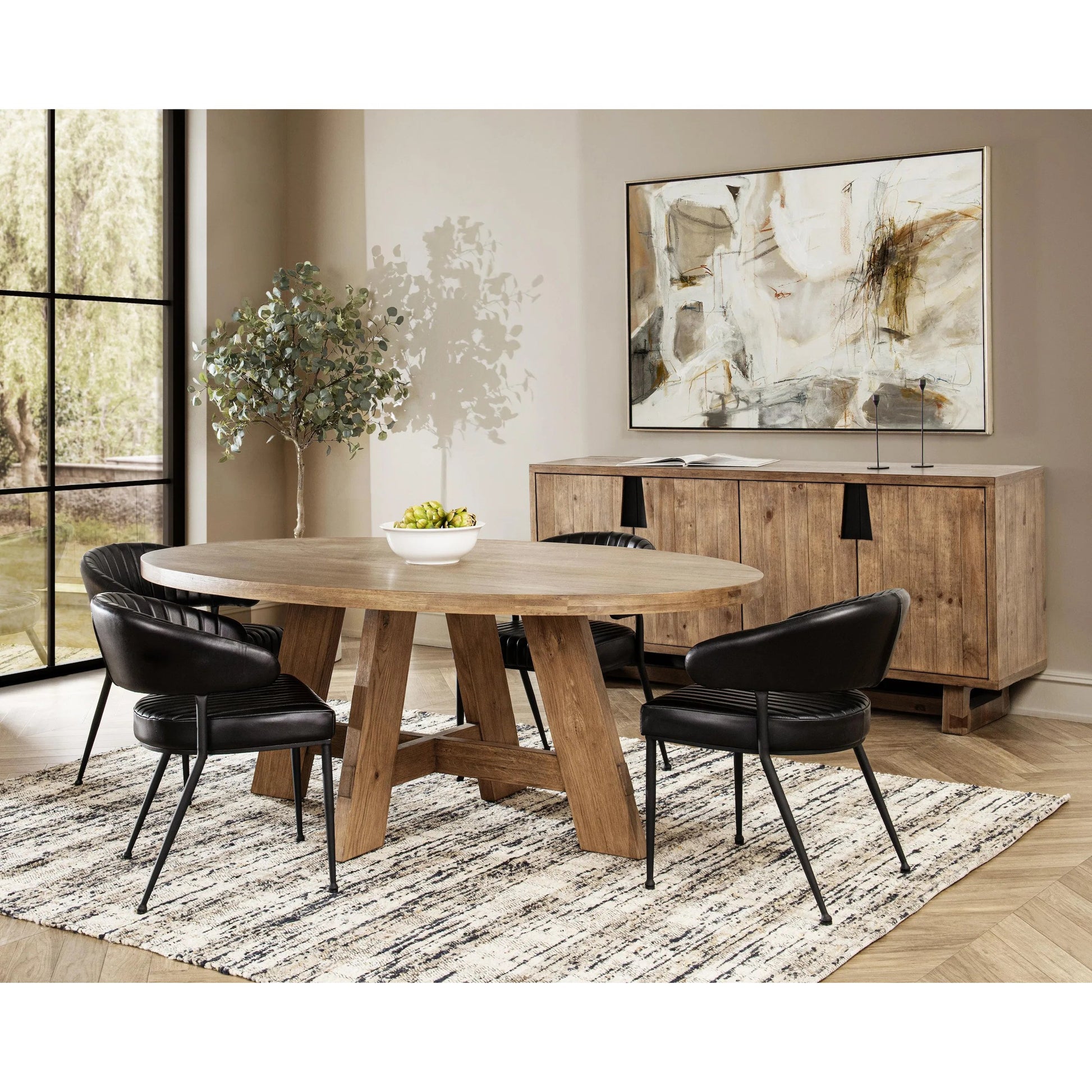 Crescent Oval Reclaimed Oak Wood Dining Table by Kosas Home in natural. Made from reclaimed oak veneer in a unique style.