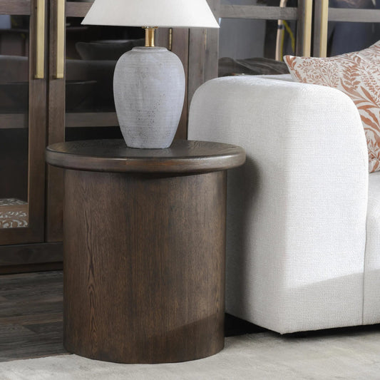 Runa 22" Wood End Table by Classic Home in brown. Made from oak veneer in a traditional style.