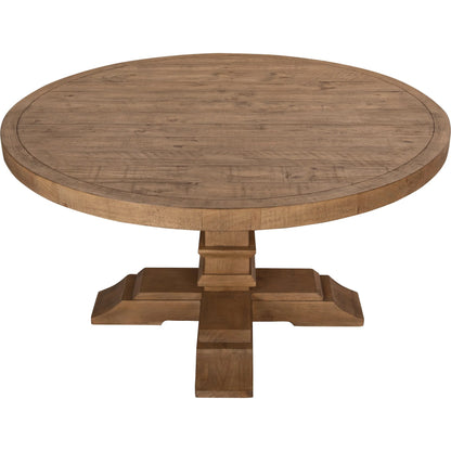 Allegra Reclaimed Pine Round Dining Table by Kosas Home in natural. Made from reclaimed pine in a unique style.