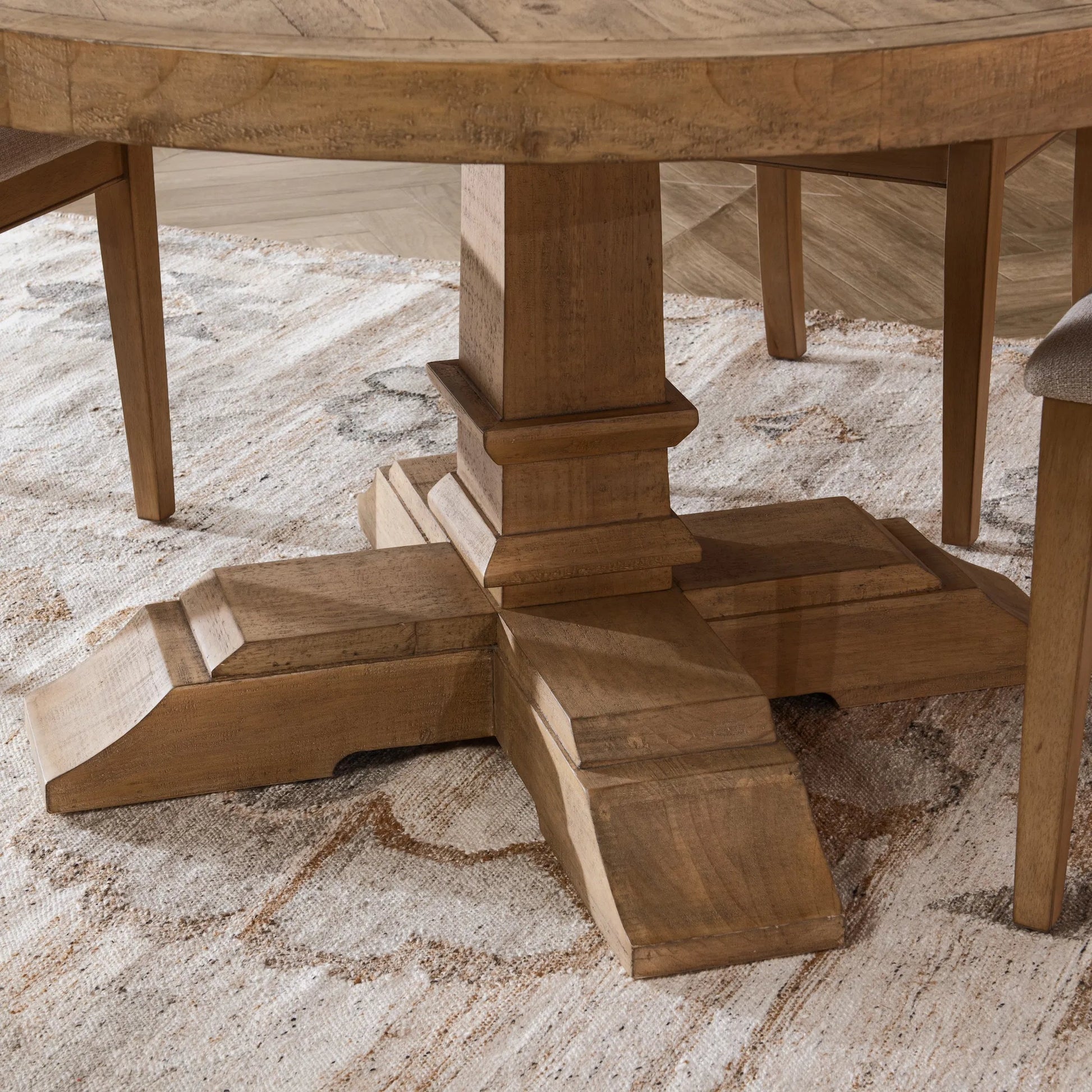 Allegra Reclaimed Pine Round Dining Table by Kosas Home in natural. Made from reclaimed pine in a unique style.