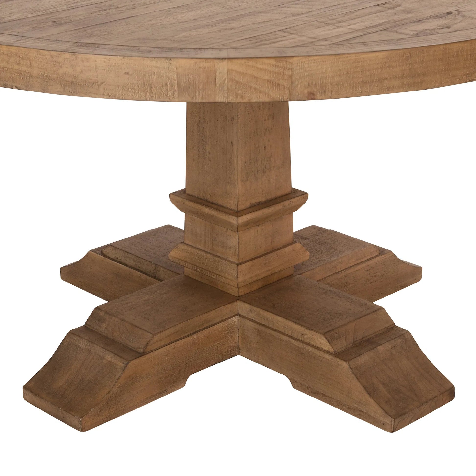 Allegra Reclaimed Pine Round Dining Table by Kosas Home in natural. Made from reclaimed pine in a unique style.