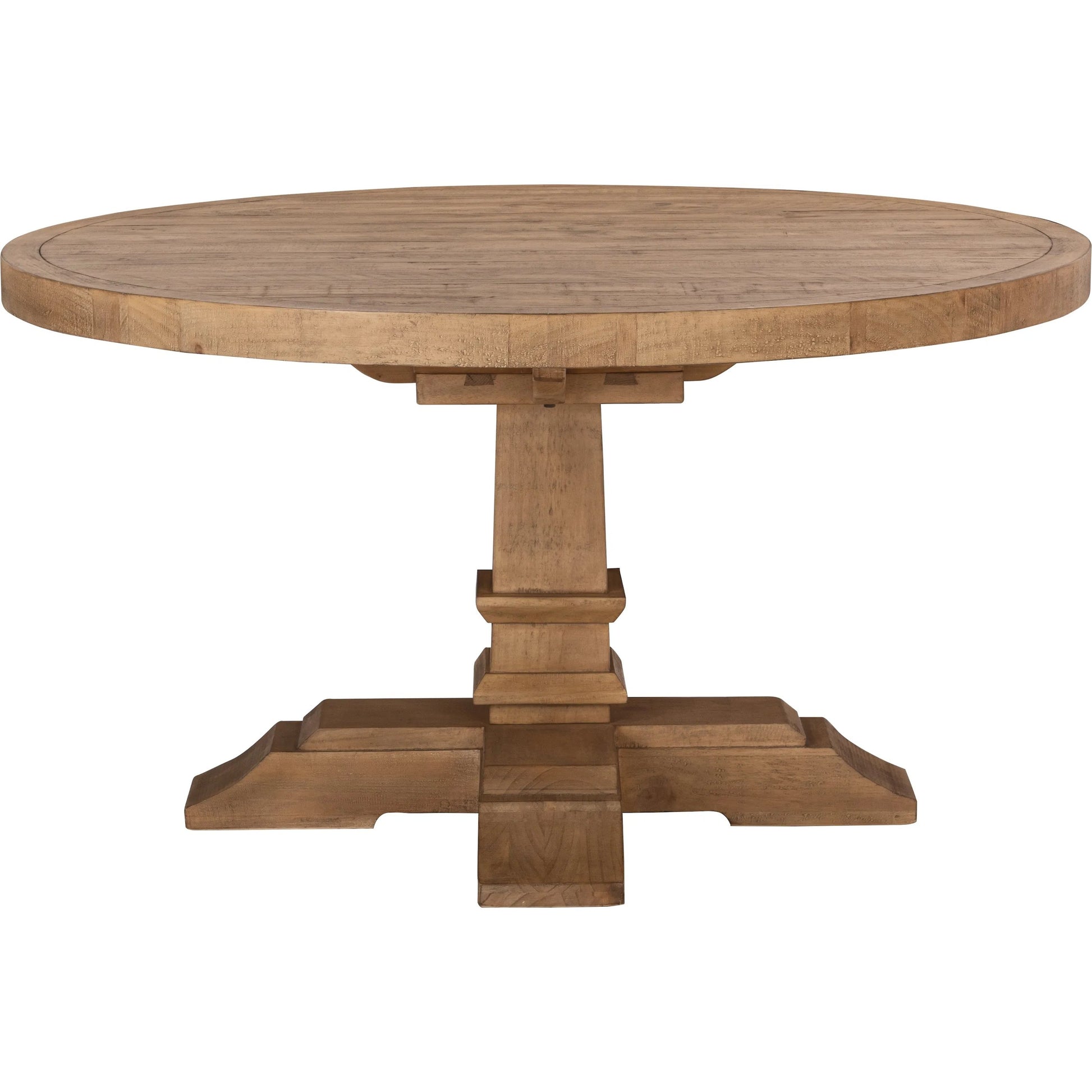 Allegra Reclaimed Pine Round Dining Table by Kosas Home in natural. Made from reclaimed pine in a unique style.