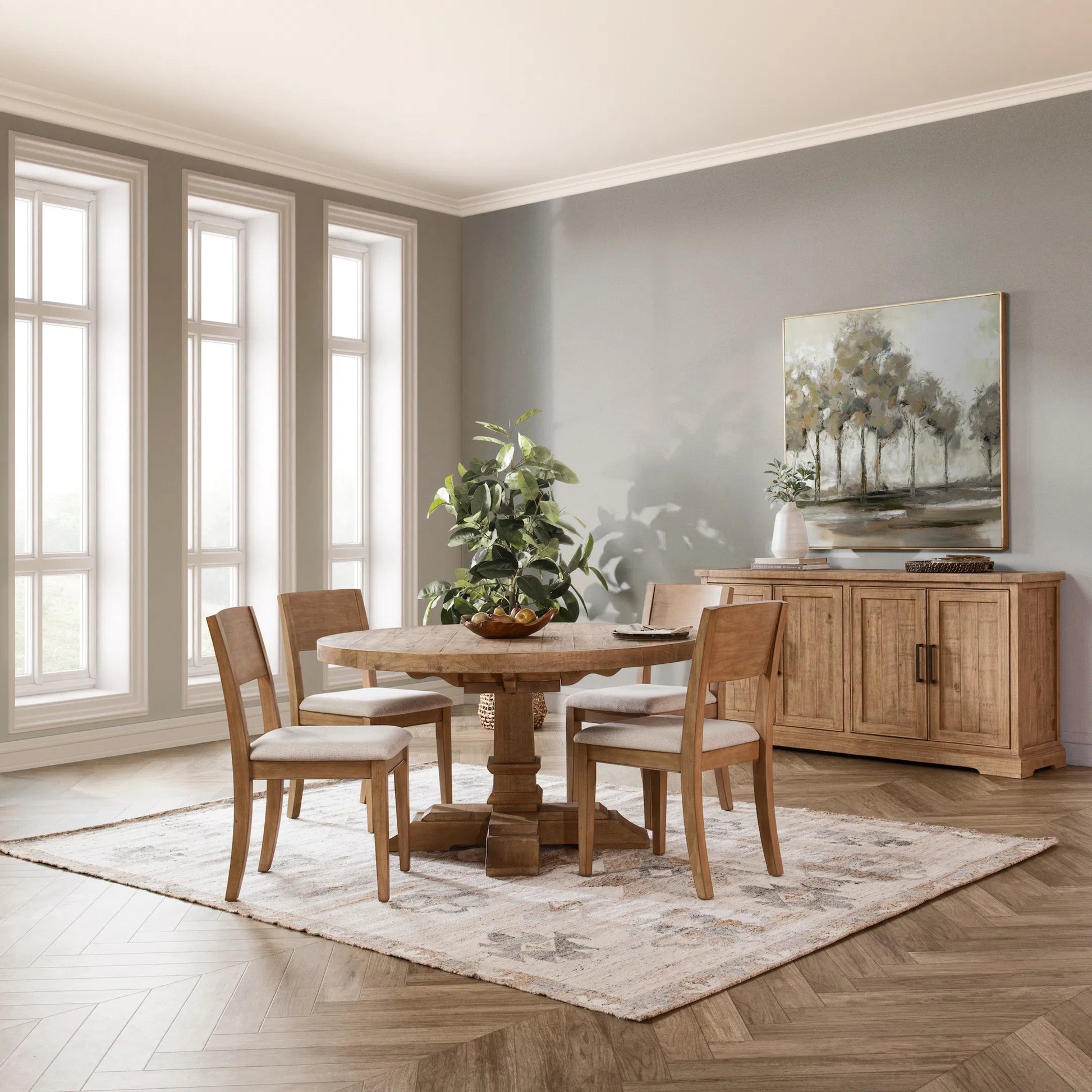 Allegra Reclaimed Pine Round Dining Table by Kosas Home in natural. Made from reclaimed pine in a unique style.