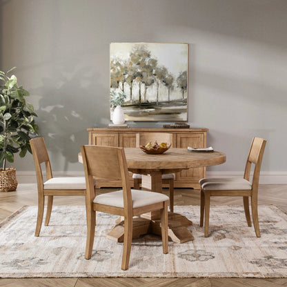 Allegra Reclaimed Pine Round Dining Table by Kosas Home in natural. Made from reclaimed pine in a unique style.