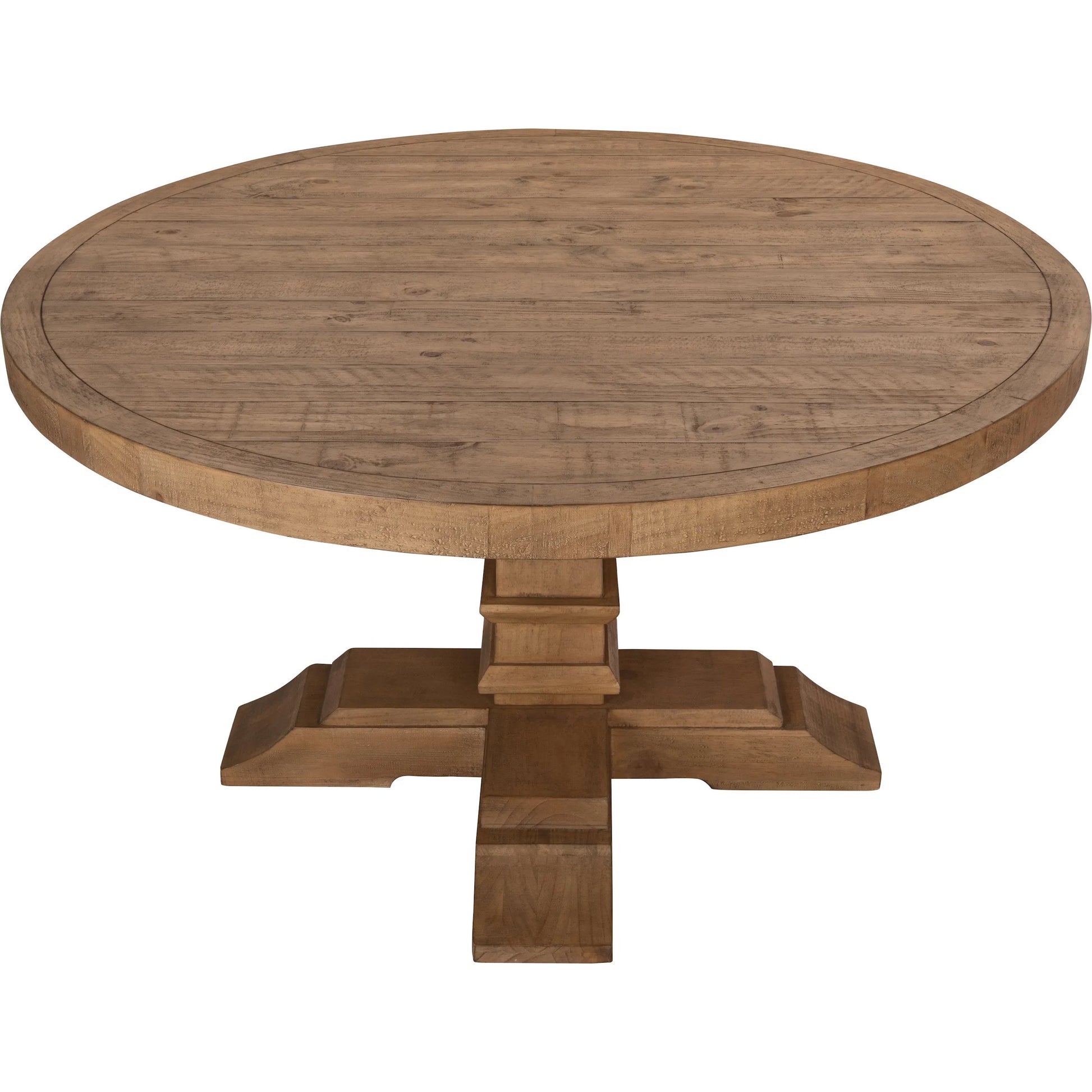 Allegra Reclaimed Pine Round Dining Table by Kosas Home in natural. Made from reclaimed pine in a unique style.