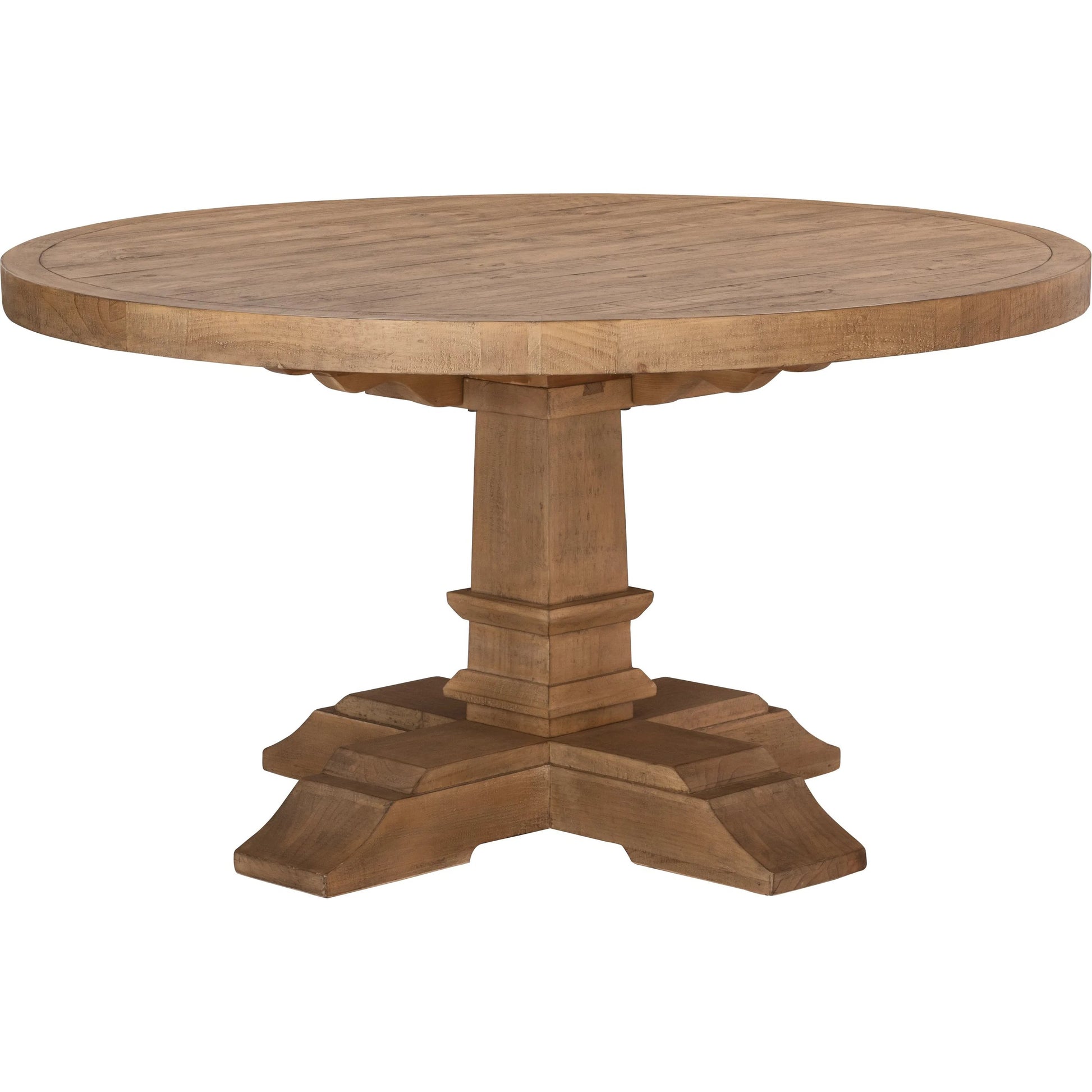 Allegra Reclaimed Pine Round Dining Table by Kosas Home in natural. Made from reclaimed pine in a unique style.