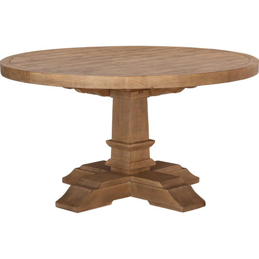 Allegra Reclaimed Pine Round Dining Table by Kosas Home in natural. Made from reclaimed pine in a unique style.