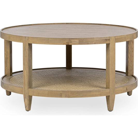Devin Oak Wood Round Coffee Table by Classic Home in natural. Made from oak veneer, oak wood, cane in a unique style.