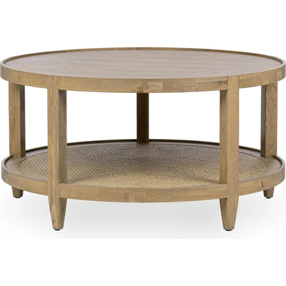 Devin Oak Wood Round Coffee Table by Classic Home in natural. Made from oak veneer, oak wood, cane in a unique style.