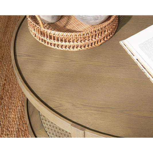 Devin Oak Wood Round Coffee Table by Classic Home in natural. Made from oak veneer, oak wood, cane in a unique style.