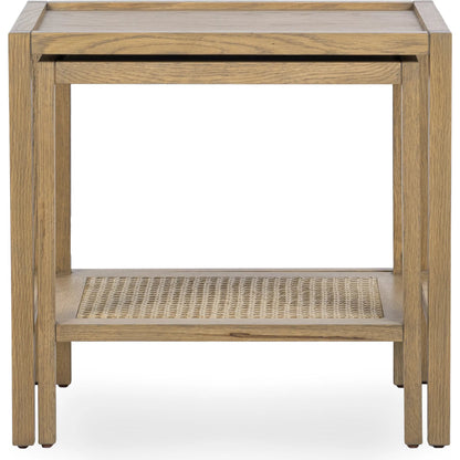Devin Oak Wood Nesting End Table by Classic Home in natural. Made from oak veneer, oak wood, cane in a unique style.