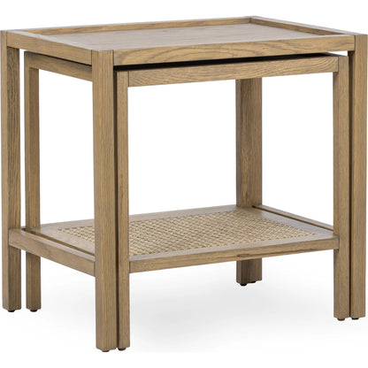 Devin Oak Wood Nesting End Table by Classic Home in natural. Made from oak veneer, oak wood, cane in a unique style.