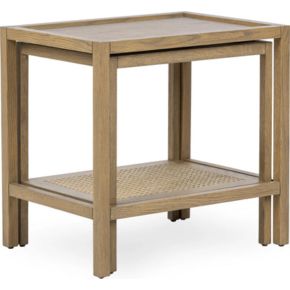 Devin Oak Wood Nesting End Table by Classic Home in natural. Made from oak veneer, oak wood, cane in a unique style.