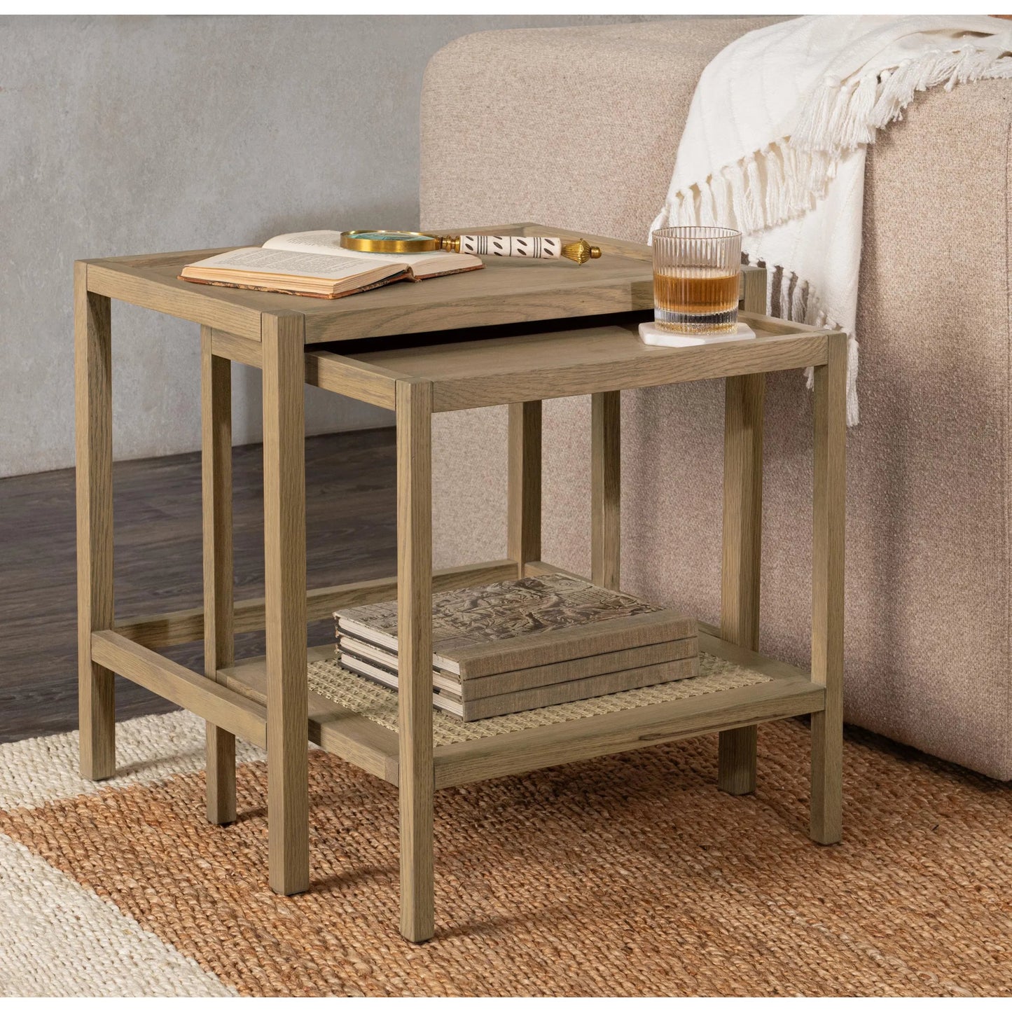 012 SI-2388524 | Lifestyle | Devin Oak Wood Nesting End Table by Classic Home in natural. Made from oak veneer, oak wood, cane in a unique style.