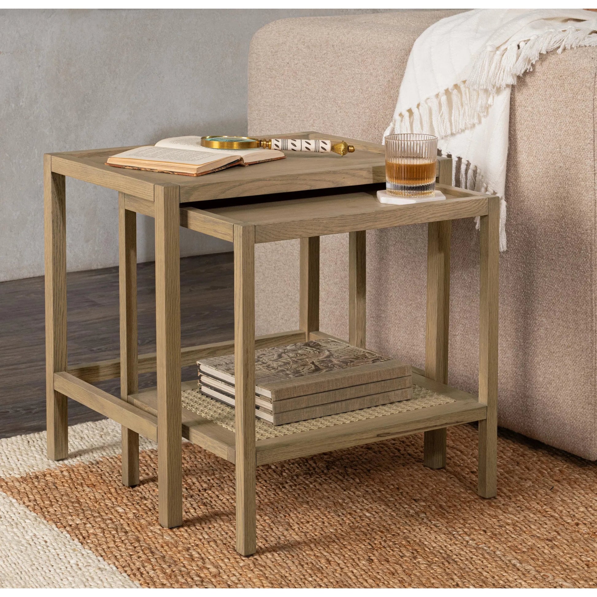 Devin Oak Wood Nesting End Table by Classic Home in natural. Made from oak veneer, oak wood, cane in a unique style.