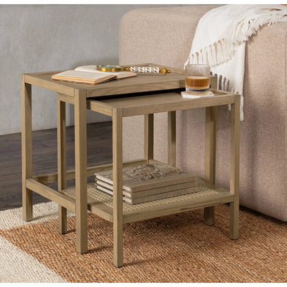 Devin Oak Wood Nesting End Table by Classic Home in natural. Made from oak veneer, oak wood, cane in a unique style.