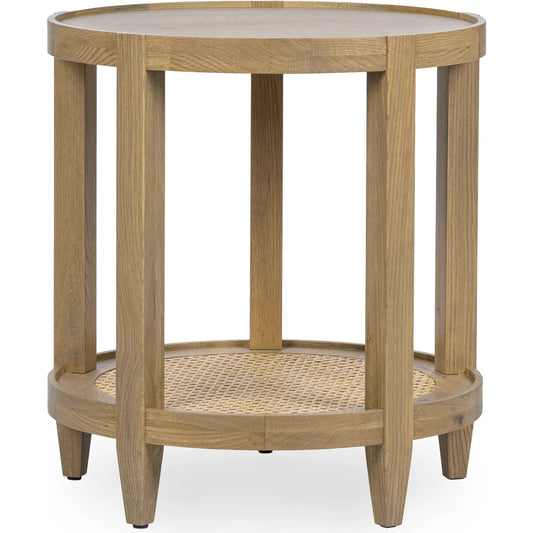 Devin Oak Wood Round End Table by Classic Home in natural. Made from oak veneer, oak wood, cane in a transitional style.