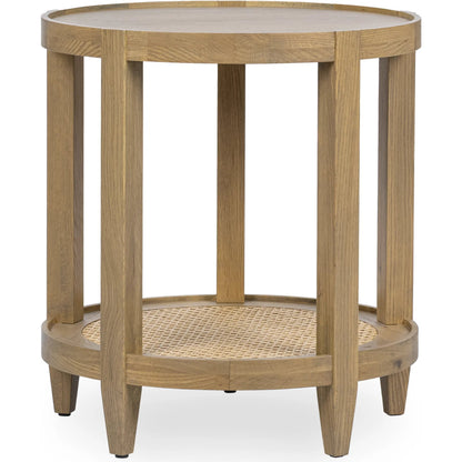 Devin Oak Wood Round End Table by Classic Home in natural. Made from oak veneer, oak wood, cane in a transitional style.