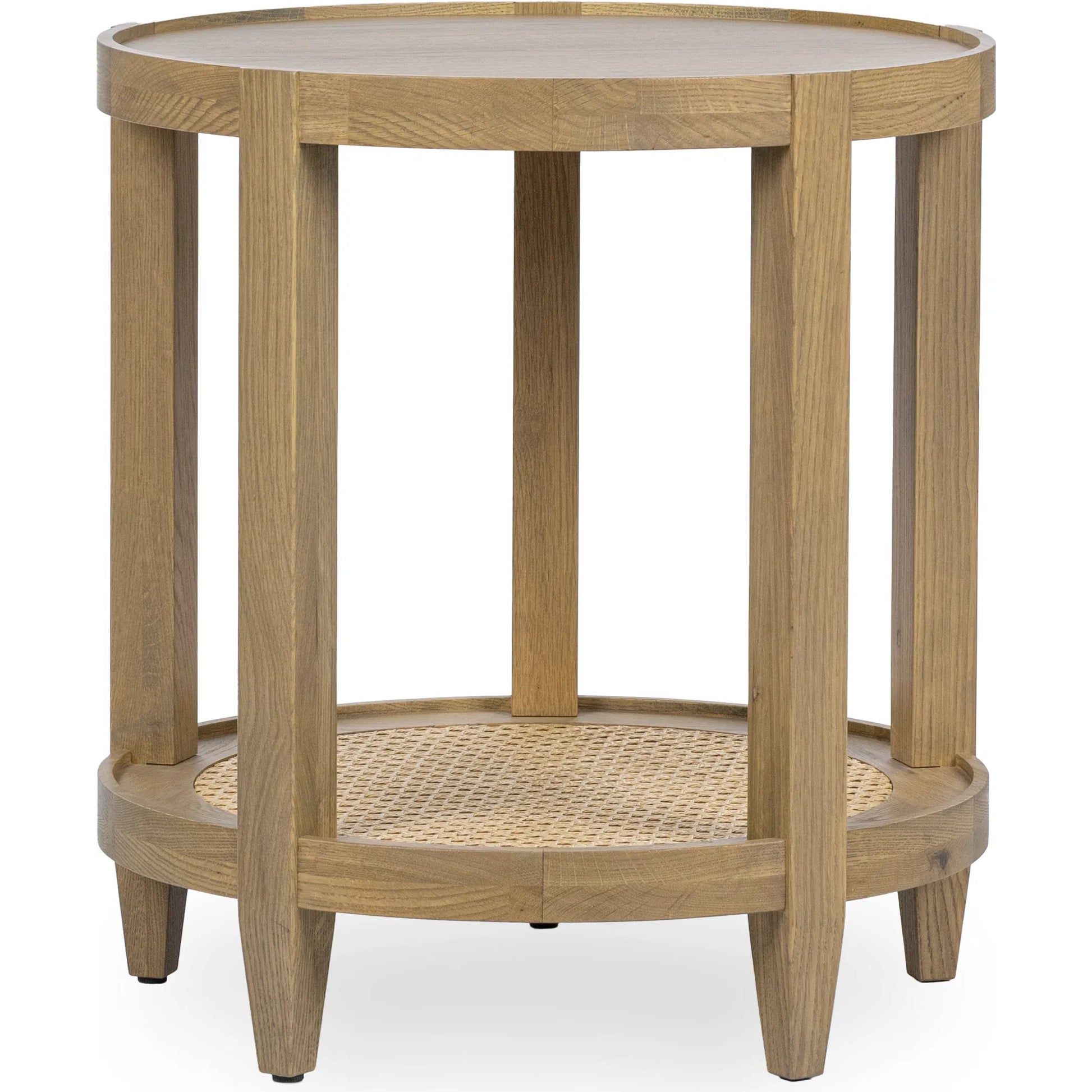 Devin Oak Wood Round End Table by Classic Home in natural. Made from oak veneer, oak wood, cane in a transitional style.