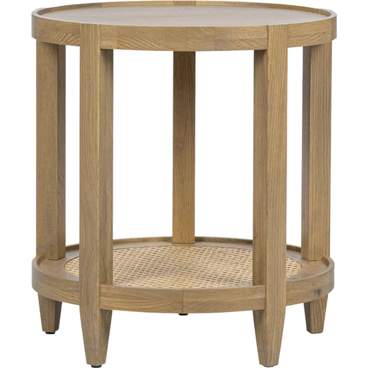 Devin Oak Wood Round End Table by Classic Home in natural. Made from oak veneer, oak wood, cane in a transitional style.