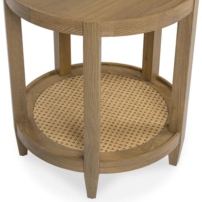 Devin Oak Wood Round End Table by Classic Home in natural. Made from oak veneer, oak wood, cane in a transitional style.
