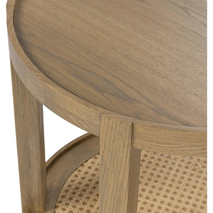 Devin Oak Wood Round End Table by Classic Home in natural. Made from oak veneer, oak wood, cane in a transitional style.