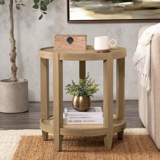 Devin Oak Wood Round End Table by Classic Home in natural. Made from oak veneer, oak wood, cane in a unique style.