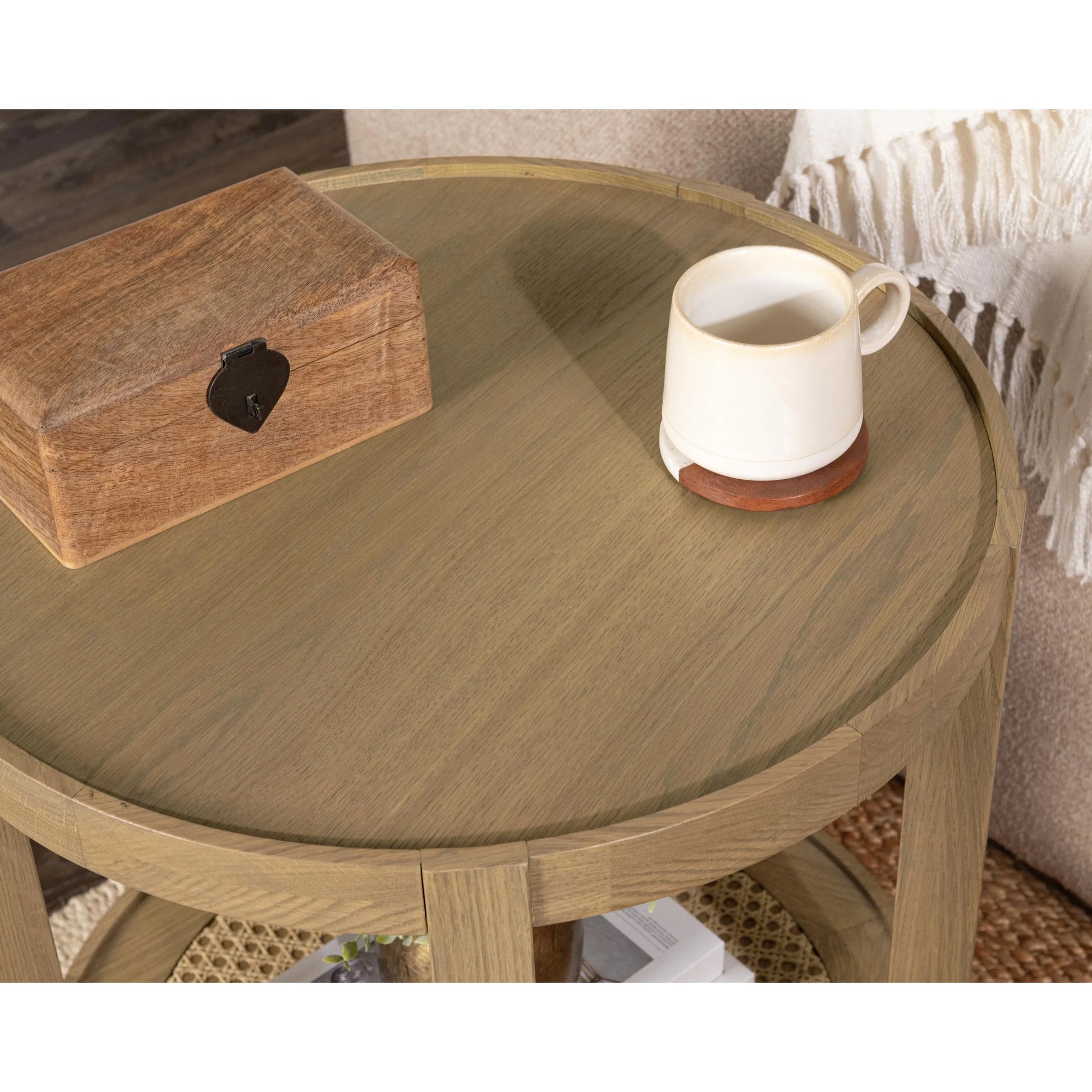 Devin Oak Wood Round End Table by Classic Home in natural. Made from oak veneer, oak wood, cane in a transitional style.