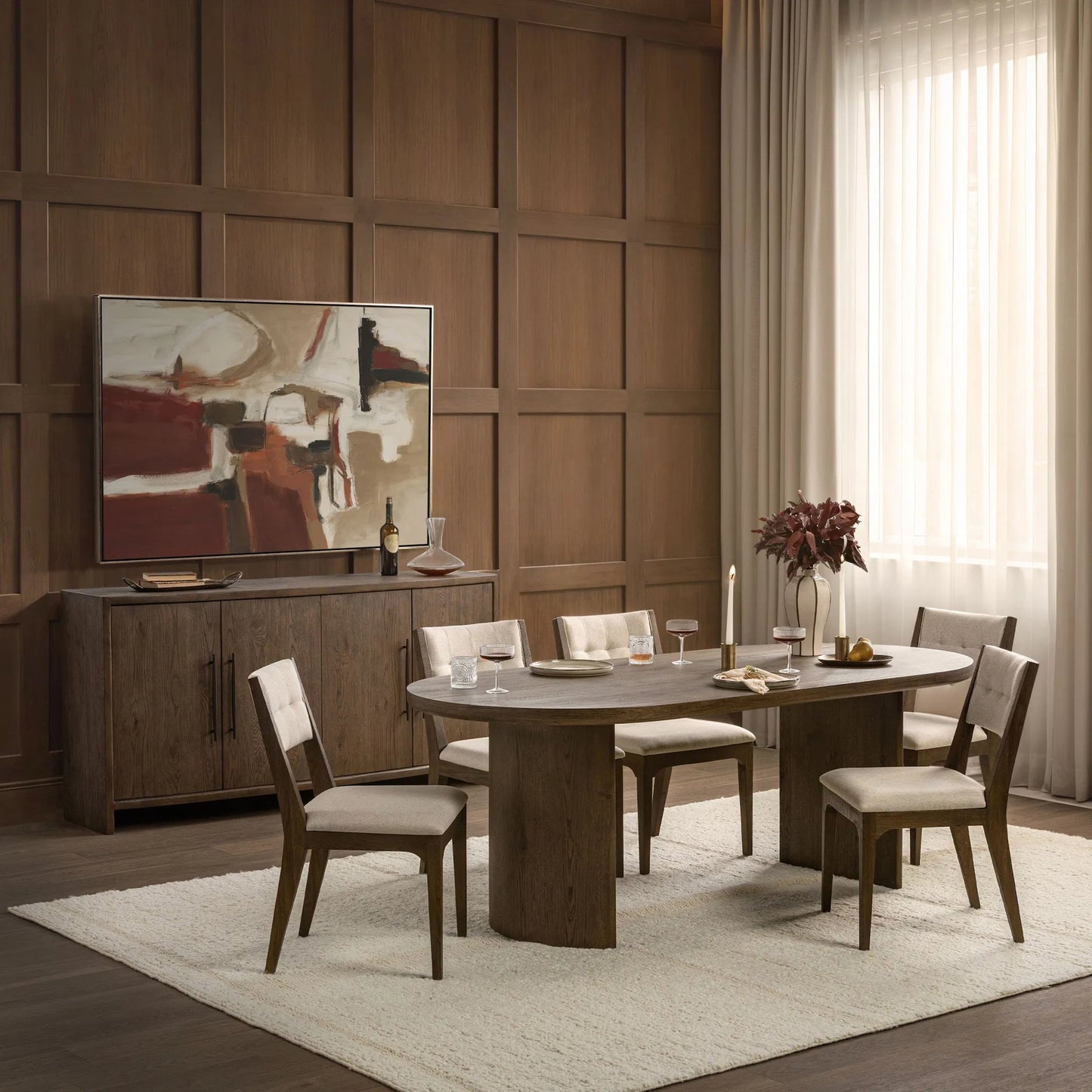 006 SI-2537783 | Lifestyle | Estelle Wood Dining Table by Classic Home in soft cocoa. Made from reclaimed oak veneer in a unique style.