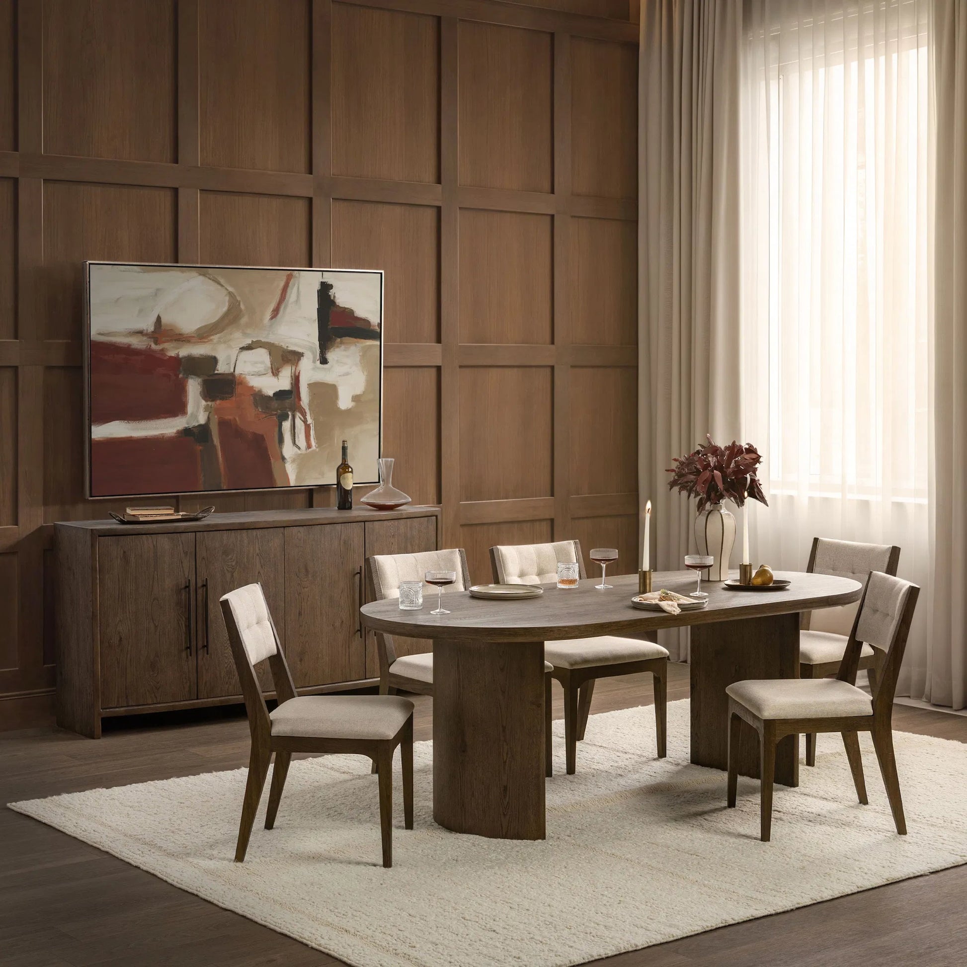 Estelle Wood Dining Table by Classic Home in soft cocoa. Made from reclaimed oak veneer in a unique style.