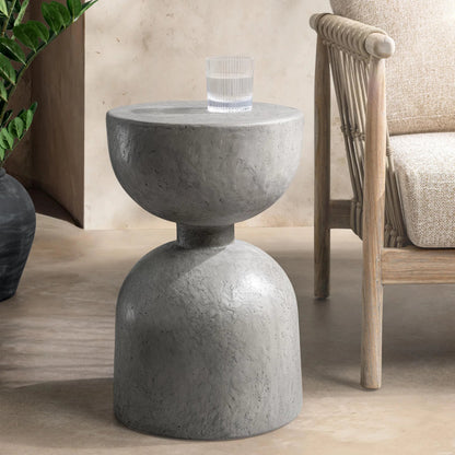 Adna Outdoor Accent Table by Classic Home in athena gray. Made from glass fiber reinforced concrete in a unique style.