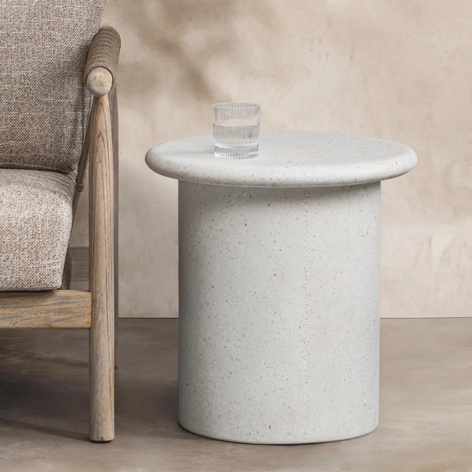 Nysa Outdoor Concrete End Table by Classic Home in white. Made from glass fiber reinforced concrete in a unique style.