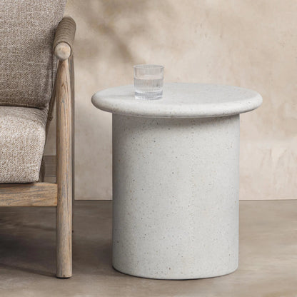 Nysa Outdoor Concrete End Table by Classic Home in white. Made from glass fiber reinforced concrete in a unique style.